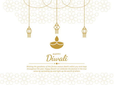 Happy Diwali Greeting Card with Lantern, Lamp, and Pattern Vector Illustrationのイラスト素材