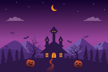 Halloween background flat design with pumpkins, castle, bats, and trees vector illustrationのイラスト素材