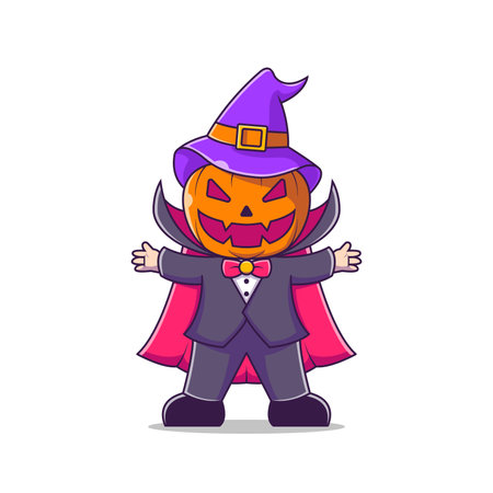 Halloween Character cartoon pumpkin head with a witch hat and vampire costume. Vector Illustrationのイラスト素材