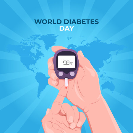 Illustration Of World Diabetes Day. Man using a glucometer, checking blood sugar level. Diabetes concept on blue backgroundのイラスト素材