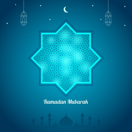 Ramadan Mubarak Greeting Card Background with Arabic pattern, lantern, and mosque vector illustration.のイラスト素材