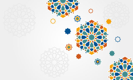 Islamic Background with Arabic colorful ornamental pattern Moroccan style vector illustration. Greeting card banner for Ramadan Kareem, Eid Fitr, and Muslim Festival.のイラスト素材