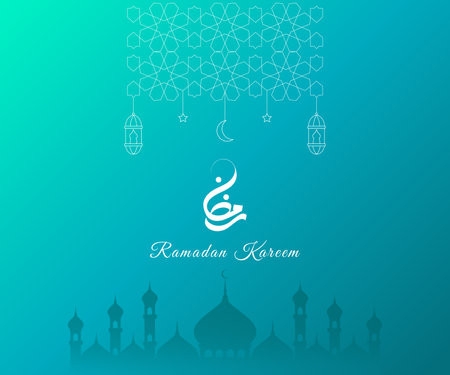 Ramadan Kareem Greeting Card Islamic Background with Calligraphy, Arabic Pattern, Lanterns, and Mosque Vector Illustrationのイラスト素材