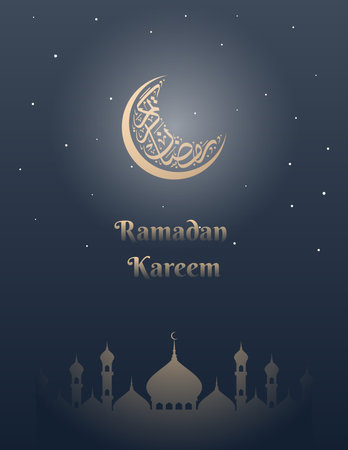 Ramadan Kareem Greeting Card with Crescent Calligraphy and Mosque Vector Illustration. Suitable for social media graphics, posters, flyers, and banners.のイラスト素材