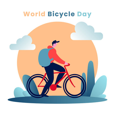 World Bicycle Day Background with a man riding a bicycle flat illustration.のイラスト素材