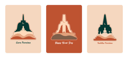 Set of Vesak Day Greeting Card Bohemian Flat Style. Buddha, Lotus, Temple, Pura Vector Illustration. Selamat Hari Raya Waisak. Happy Guru Purnima Backgroundのイラスト素材