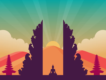 Vesak Day with Buddha Silhouette, Pura, temples, and mountains vector illustration. Happy Guru Purnima religious background for faith and peaceのイラスト素材