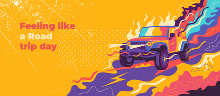 Abstract lifestyle graffiti design with a monster truck and colorful splashing shapes. Vector illustrationのイラスト素材