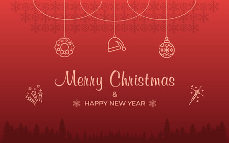 Christmas and Happy New Year greeting card decoration border with snowflake pattern and pine tree on red background.のイラスト素材