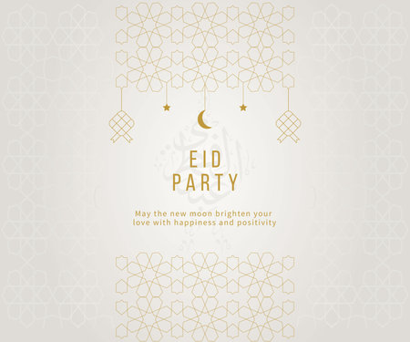 Eid Mubarak Party Islamic Greeting Card Background with Calligraphy and line lantern vector illustration.のイラスト素材