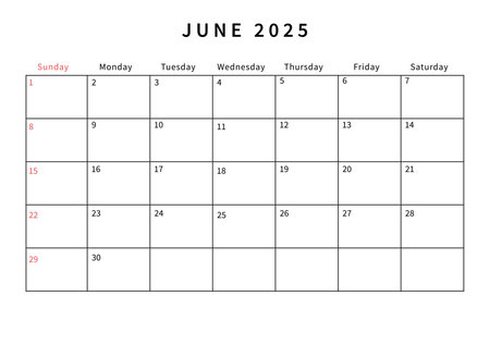 Minimalist June 2025 calendar design vector illustration. Perfect for planners, organizers, or scheduling purposes.のイラスト素材