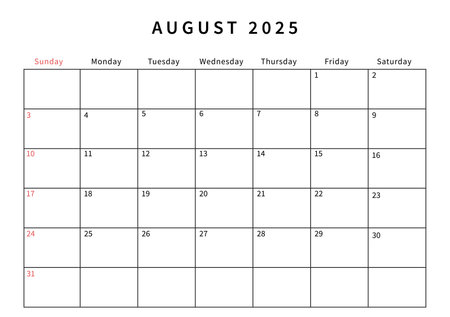 Minimalist August 2025 calendar design vector illustration. Perfect for planners, organizers, or scheduling purposes.のイラスト素材
