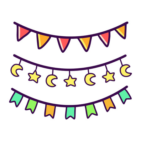 vector illustration of three festive garlands, featuring colorful pennants, crescent moons, and starsのイラスト素材