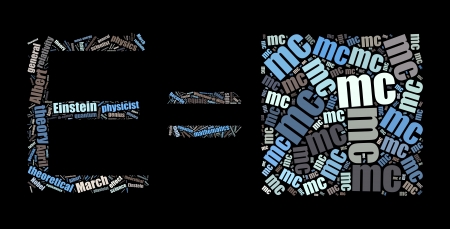 The mathematical equation E=mc2 as a word cloud picture   Features words about Albert Einstein, the Equals sign, and mc2  squared の写真素材