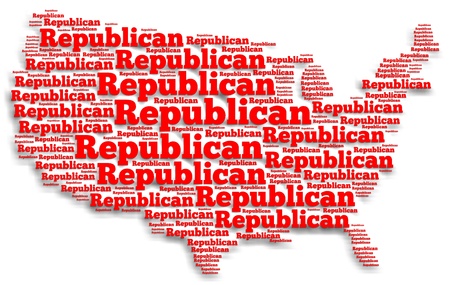 Word cloud map of the United States of America with the word "Republican" filling up all of the spaceの写真素材