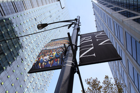 VANCOUVER, CANADA - April 21, 2013 - The Vancouver Sun Run banners are displayed high up on a street...