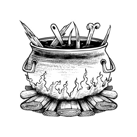 Witch Soup Hand Drawn Engraving Pen and Ink Vintage Vector illustrationのイラスト素材