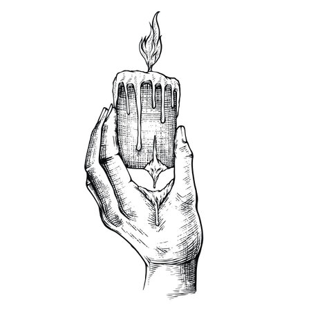 The Upward Hand Holding The Lit Candle Causes The Wax To Melt Into The Hand Engraving Pen and Ink Vintage Vector illustrationのイラスト素材