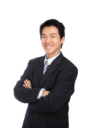 Young business man with confident smile on white isolated backgroundの写真素材