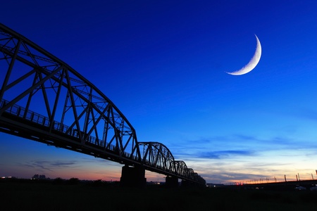 aged and old railroad bridge silhouette in the night with moonの写真素材
