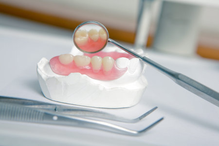 Metallic dentist tools with acrylic denture (False teeth) close up on a dentist chair in Dentist...