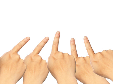 Many hand fingers point to empty copy space isolated on white backgroundの写真素材