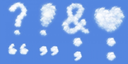 Love heart, Question mark, exclamation mark ,Ampersand, Colon, Semicolon and Quotation Marks in clouds form with blue backgroundの写真素材