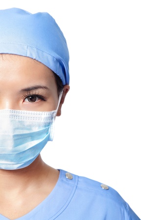 Half Close up portrait of serious woman nurse or doctor face in surgical mask isolated on white background, model is a asian femaleの写真素材