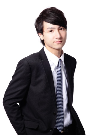 handsome smile executive business man in suit posing isolated on white backgroundの写真素材