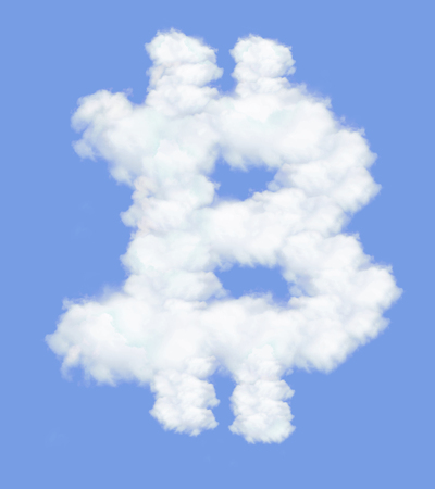 Bitcoin in clouds form with blue sky backgroundの写真素材