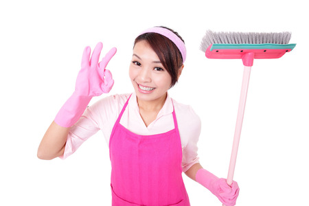 happy Cleaning woman housewife excited showing ok isolated on white background. asianの写真素材