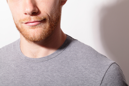 Close Up of sexy Man Face Smiling with mouth and beard , caucasianの写真素材