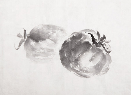 Traditional Chinese Ink and wash painting of tomatoの写真素材