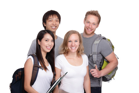 Happy Group of student and friends isolated on white background, asian and caucasianの写真素材