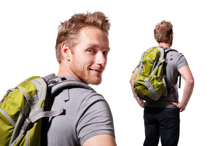 Successful man mountain hiker with backpack isolated on white background. caucasian