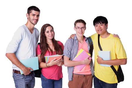 Friend group of happy students isolated over a white background,  caucasian and asianの写真素材