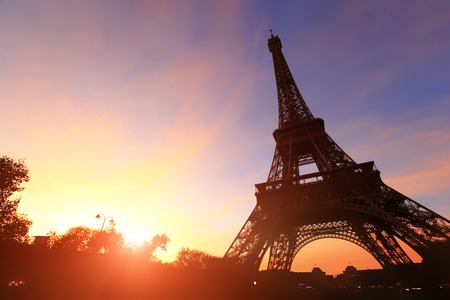 silhouette of eiffel tower in Paris with sunsetの写真素材