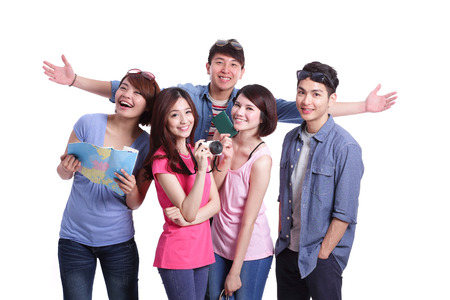 Happy group travel people hold camera, passport and map. Isolated on white background, asianの写真素材