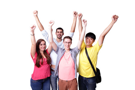 Friend group of happy excited students isolated over a white background,  caucasian and asianの写真素材