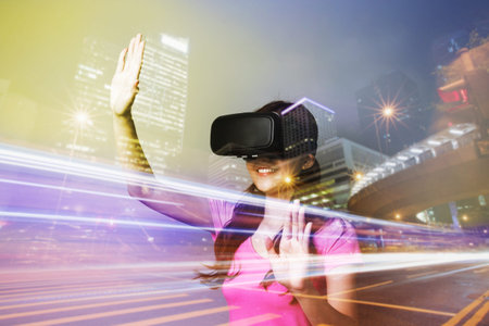 Double exposure of happy woman using VR-headset glasses for virtual reality concept