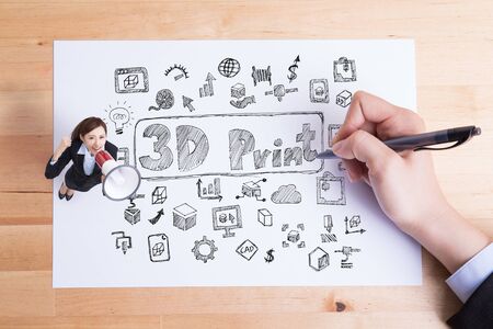 business woman with hand drawing 3D printer and talk megaphone stand on paperの写真素材