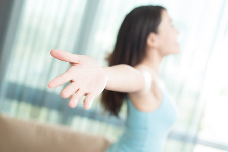 beauty woman smile happily and feel freeの写真素材