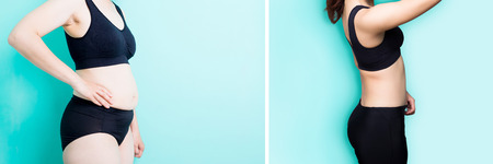 woman with fat and slim figure on the green backgroundの写真素材