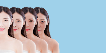 woman with skin whitening concept on the blue backgroundの写真素材