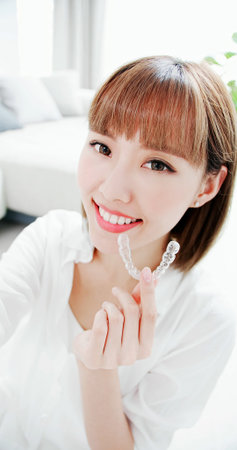 Beauty woman selfie with health teeth and invisible brace