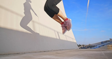 closeup of woman sport and rope skipping outdoor