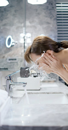 Young asian woman wash her face at nightの写真素材