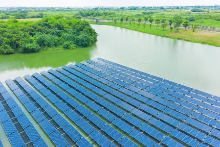 Floating solar panels and cell Platform on the waterの写真素材