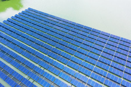floating solar panels and cell Platform on the water shot by drone