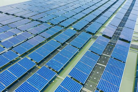 floating solar panels and cell Platform on the water shot by droneの写真素材